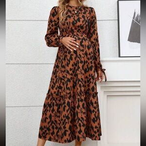 Brown and Black Ruched Tiered Long Sleeve Sundress Maternity dress